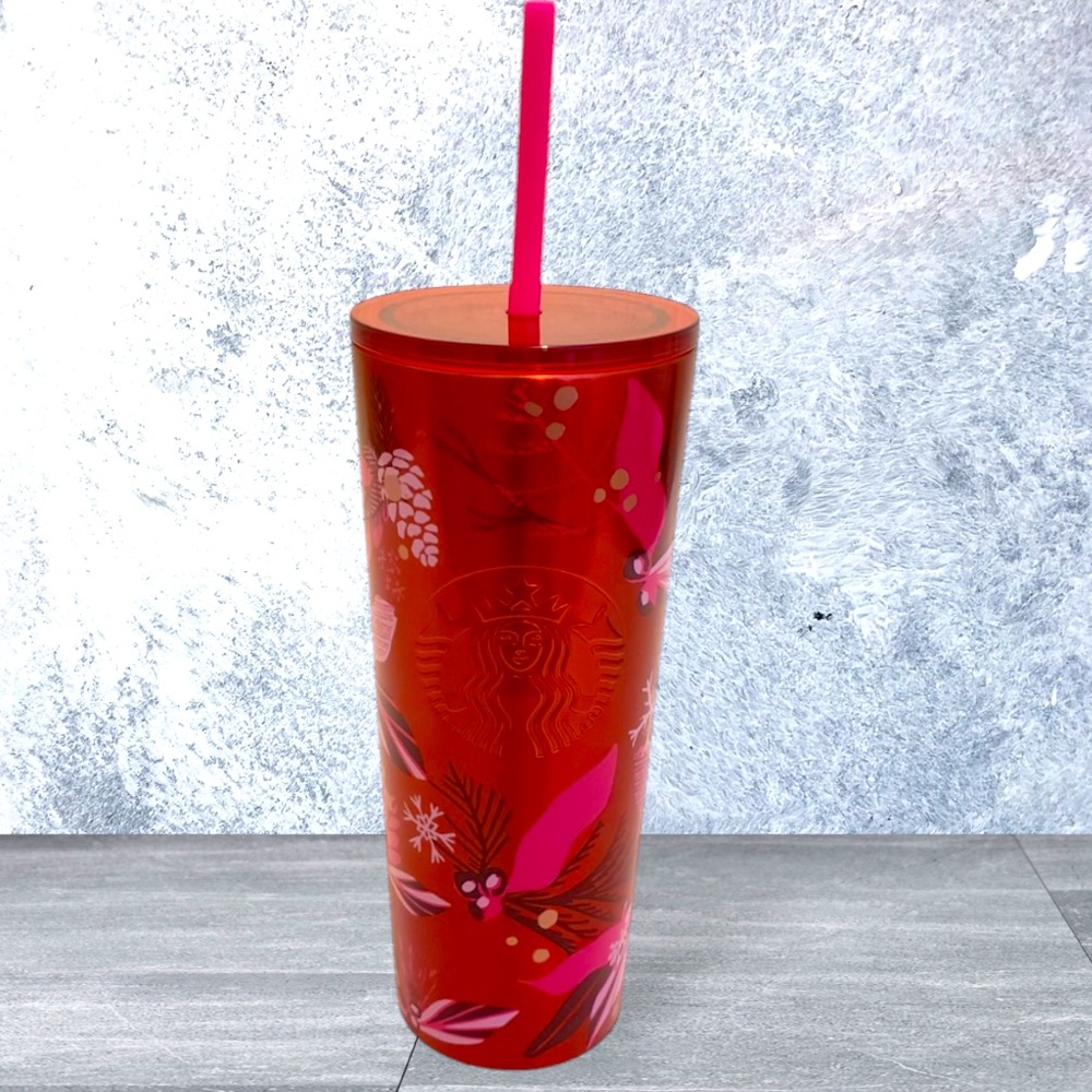 Starbucks Stainless Steel Holiday Tumbler 2021 Red Poinsettia Pinecone Floral